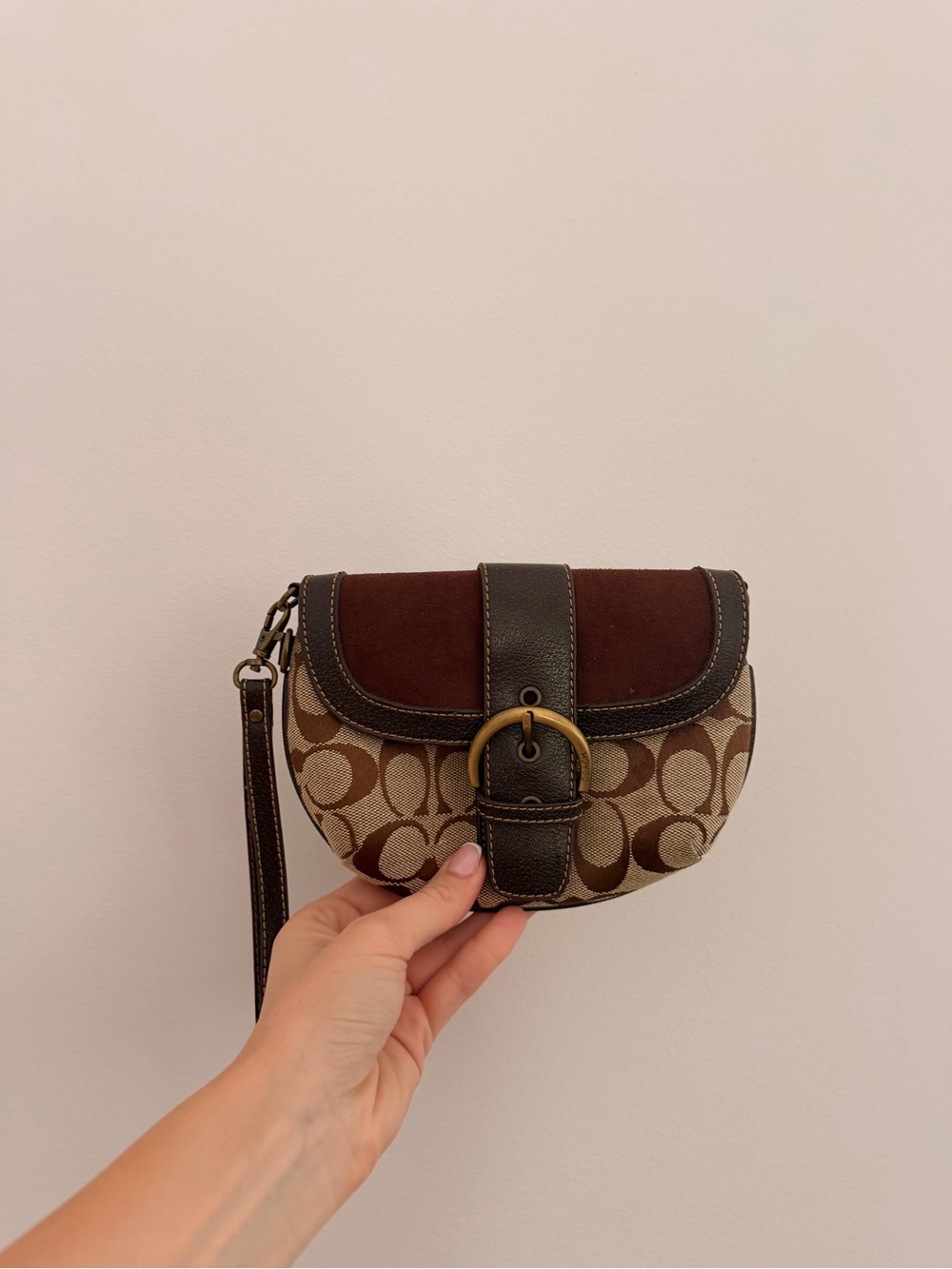 Coach Style Brown Signature Canvas & Suede Wristlet with Buckle - Picture 2 of 3